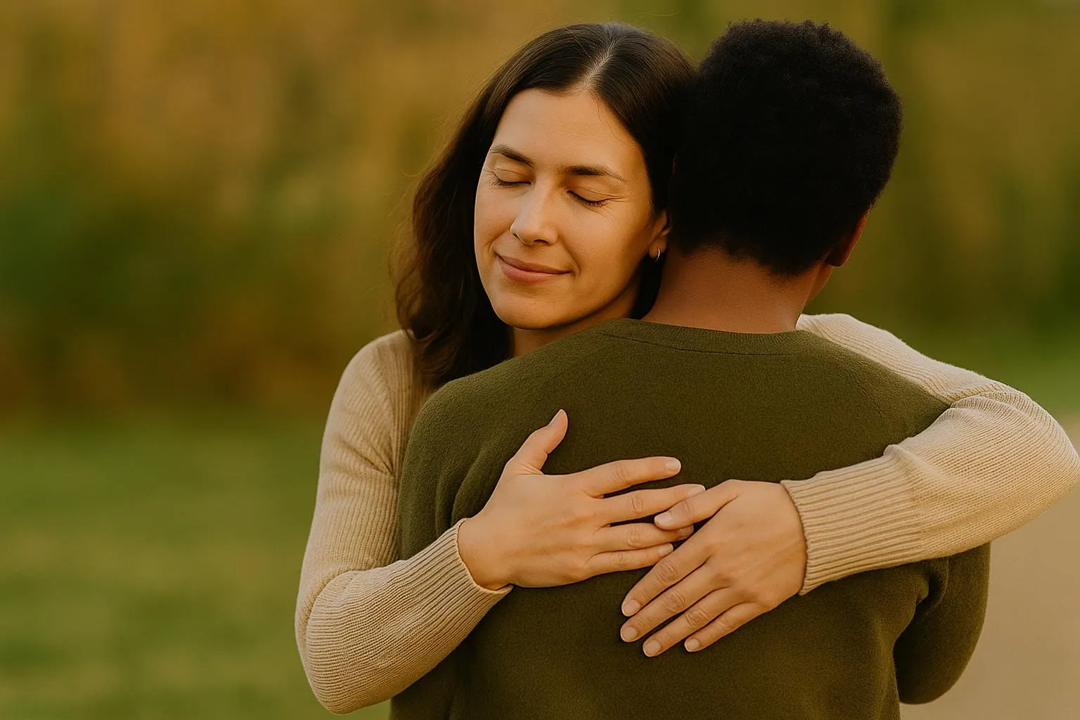 Two people embracing warmly in golden evening light