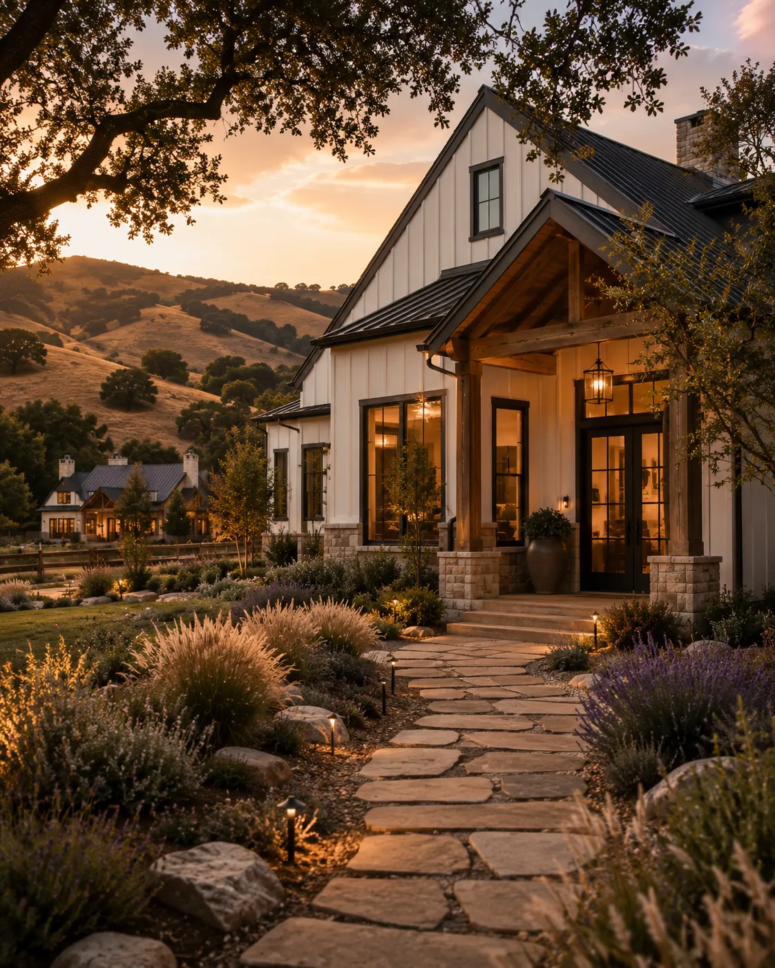 A serene retreat home in the golden hills of Northern California at sunset