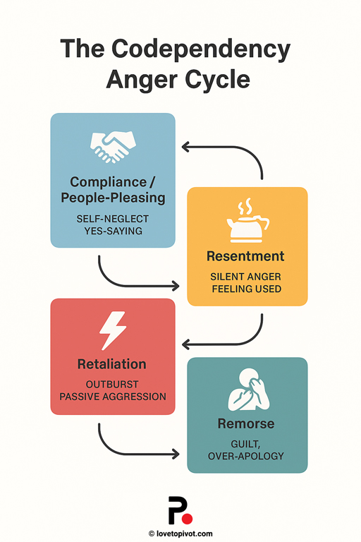 Infographic showing the four-step Codependency Anger Cycle:
Compliance/People-Pleasing → Resentment → Retaliation → Remorse